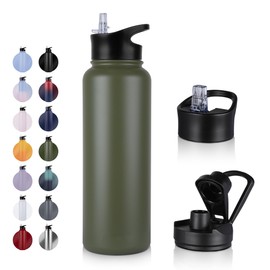 UMBFUN Stainless Steel Drinking Bottle - 1.2 L - with Straw, Leak-Proof, Suitable for Carbonated Drinks, BPA-Free Thermos Bottle (+ 2 Lids) Vacuum Double Wall Insulation for Sports, Travel, Camping,