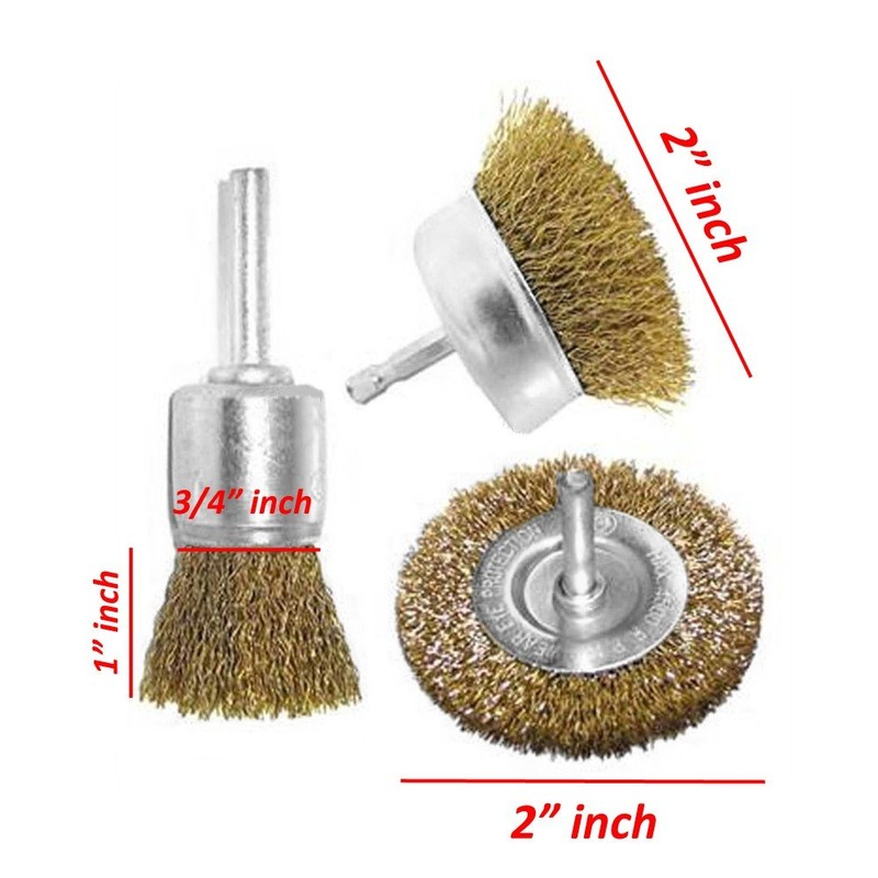 Wideskall® 3 Pieces Brass Wheel & Cup Wire Brush Drill