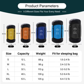 OMVMO Sleeping Bag Stuff Sack, 11L/18L/30L/45L/52L Water-Resistant Compression Sack,Anti-Tear Ultra Light Nylon Storage Bag，Black/Yellow/Orange/Dark Blue/Dark Green/Sky Blue (Black, XXL/53L)