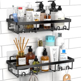 Timotech Set de 2 Estante Organizador de Baño, Repisa Autoadhesiva para Baño de Acero Inoxidable con 4 Ganchos, Decoración de hogar, Accesorios de baño (2 Piezas)