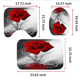 Albodanl 4Pcs Red Rose Shower Curtain Sets with U Shape Toilet Lid Cover and Bath Mat, Red Floral Shower Curtain Modern Bathroom Decor Sets with Hooks 72 X 72 Inches