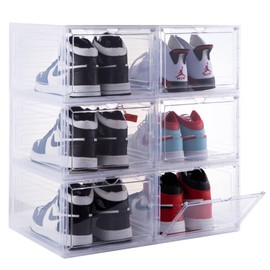 ZLLZUU Shoe Organizer Shoe Storage Boxes, 6 Pack Large Drop Front Shoe Boxes with Magnetic Door, Clear Plastic Stackable Shoe Containers (Clear White)