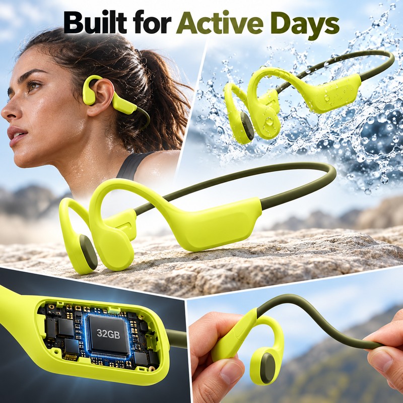 32GB Bone Conduction Headphones – IPX8 Waterproof Open-Ear Wireless Earphones