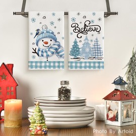 Artoid Mode Beige Blue Xmas Tree Snowman Christmas Kitchen Towels Dish Towels, 18x26 Inch Holiday Bird Believe Winter Decoration Hand Towels Set of 2