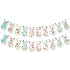 Whaline Easter Paper Banner with String 20 Pcs Vintage Floral Bunny Bunting Garland Pre-Assembled Colorful Spring Rabbit Hanging Decoration for Home Backdrop Decor Party Supplies
