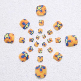 Yellow Press on Toe Nails Spring Fake Toenails with Orange Yellow Wave Designs False Toe Nails Blue Glue on Toenails Summer Stick on Toe Nails Cute Acrylic Toenails Artificial Toenails