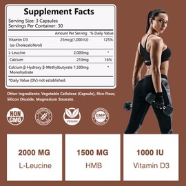 HFELIZ HMB and Leucine Supplement, 3500mg L-Leucine HMB with Vitamin D3, Amino Acid BCAA for Men, Vegan, Gluten Free, 90 Capsules