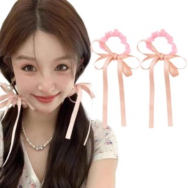 Fesanla Ribbon Hair Elastics, Hair Accessories, Set of 2, Traceless Hair Elastics, Hair Ribbon, Bowknot, Hair Ornament, Hair Tie, Recitals, Weddings, Graduation Ceremonies (Pink)