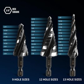 TVWVT Step Drill Bit Set, 1/8" - 7/8" (3PCS) Four Spiral Flute Step Bits for Metal, 34 Sizes Titanium-Coated HSS Drill Bits with 1/4" Hex Shank for Stainless Steel Aluminum Wood Plastic