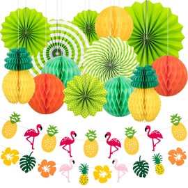 siawadeky Hawaiian Party Decorations Set Birthday Decorations Summer Pineapple Flamingo Garland Paper Lantern Paper Fan Honeycomb Ball Decoration Set Photography Backdrop Anniversary Celebration