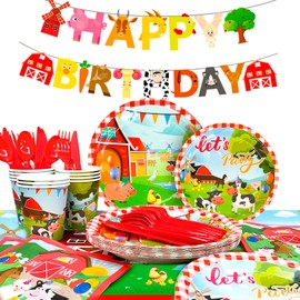 Farm House Fun Barnyard Animals Party Supplies,130pcs Farm Theme Birthday Decorations Tableware Set-Farm Party Plates Cups Napkins Tablecloth Banner etc Farm Birthday Party Supplies for Boys/Girls