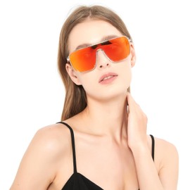 JFXQDR Oversized Polarized Sunglasses for Women and Men, Trendy Flat Top One Piece Lens Sun Glasses UV Blocking RFS8209 (Clear Orange Frame Mirrored Orange Lens)
