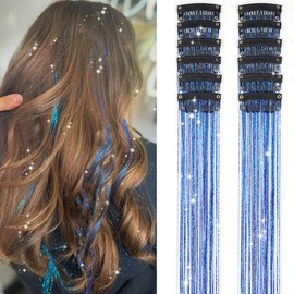 Hair Tinsel Pack of 12 Pcs Clip in Hair Tinsel 20 Inch Glitter Tinsel Hair Extensions, Festival Gift Tinsel Fairy Hair Extension Party Dazzle Hair Accessories Strands Kit (12Pcs,Blue#)