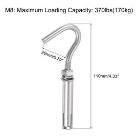 sourcing map 5Pcs M8 304 Stainless Steel Expansion Hook, Standard Open Cup Expansion Bolt Screw Concrete Hook for Wall Ceiling Concrete Masonry