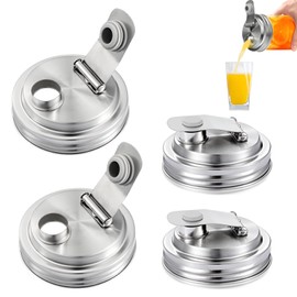 4 Pack Stainless Steel Wide Mouth Mason Jar Pour Spout Lid, Mason Jar Pitcher Flip Cap Lids, Airtight & Leak-proof Seal, Canning Lids for Wide Mouth Ball Mason Jar (silver lid)