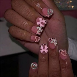 Short Press on Nails French Tip Fake Nails Square with 3D Bow Heart Design Glue on Nails Butterfly Artificial Nails Leopard Print Glossy Arylic Nails Full Cover Stick on Nails for Women 24 Pcs