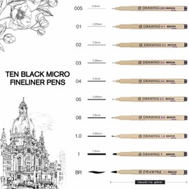 Toptime Fineliner Pens 21 Pack, 10 Black Felt Tip Pens with Different Nib Sizes, 11 Colored Art Pens in 0.45mm, Technical Fine Point Drawing Sets Waterproof Brush Pen for Artists Sketching Designing