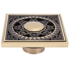 Floor Drain, 3.9x3.9in Square Art Carved All‑Copper Brass Floor Drain Shower Drain Kit Floor Waste Drain Point Center with Removable Grate Cover for Hotel Home