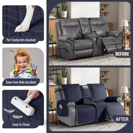 TAOCOCO 100% Waterproof Loveseat Recliner Cover with Console, Non-Slip Washable Reclining Couch Cover for 2 Seats, Furniture Protector for Dogs, Dark Blue