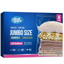 4 Count - Large Plastic Bags With Zipper Top, 10 Gallon Size 24" x 24", Extra Large Storage Bags, For Clothes, Travel, Moving, BPA-Free, Heavy Duty 3-Mil Thick Large Clear Plastic Bags (4)