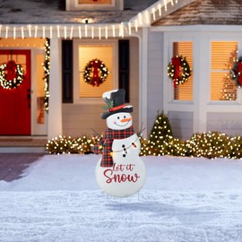Glitzhome 36" H Lighted Christmas Snowman Yard Stake,Metal Xmas Snowman Yard Sign with Colorful Strawberry Bulbs & Let it Snow Decoration,Xmas Garden Stakes for Holiday New Year Home Pathway Decor