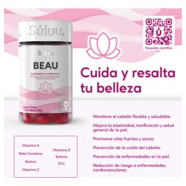 Súluu Beau Gomitas Vitaminadas, Cabello, Previene Caída del Pelo, 60 Gomitas, Sabor Fresa, Biotina, Vitamina A, Betacaroteno, Vitamina C y E, Selenio y Zinc.