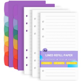 Antner A6 Lined Refill Paper 6-Hole Planner Inserts for A6 6-Ring Refillable Notebook Binder, 135 Sheets/270 Pages Wide Ruled Loose Leaf Filler Paper with 12 PCS Binder Dividers for Journal Notes