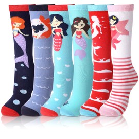 Fourluoo 6 Pairs Kids Girls Knee High Socks Cute Mermaid Pattern Cotton Crew Socks Animal Pattern Tube Socks for 3-12 Years