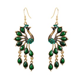 JDONL Vintage Bohemian Peacock Teardrop Tassel Drop Dangle Earrings for Women Sparkling Crystal Phoenix Bird Earrings Statement Jewelry (Green)