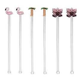 Beachcombers Flamingo Palm Tree Lotus Flower Set Of 6 Reusable Glass Drink Stirs Tropical Cocktail Bar Beach Party Swizzle Sticks Pink
