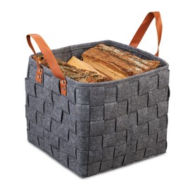 Relaxdays Woven Felt Basket, Foldable Storage Basket, Felt Shelf Basket with Handles, H x W x D: 29 x 31 x 31 cm, Dark Grey