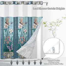 Yanutan No Hook Shower Curtain,Blue Butterfly Garden Double-Layered Shower Curtain with Snap-in Liner and Weights,Fabric Bath Curtain with See Through Mesh, 71x74in