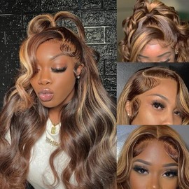 Ombre Highlighted 13x6 HD Lace Frontal Wig Human Hair Body Wave 180% Density Lace Front Wigs Human Hair Perruque Femme Humain Naturel 20 Inches Mocha Blonde
