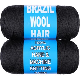 Kachanaa 2 Roll Natural Black Brazilian Wool Hair Yarn for Jumbo Braids Acrylic Hand Knitting Roll for Soft Faux Locs Goddess Locs Hair Extension Senegalese Twist Crochet Hair for Women 1B#