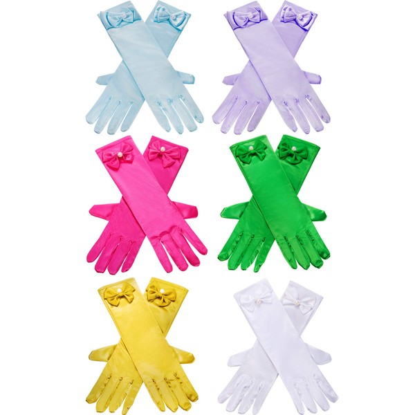 Zhanmai 6 Pairs Satin Gloves Princess Dress Up Bows Gloves Long Formal Gloves for Party (Green, Rose Red, Lavender, Light Blue, Yellow and White)