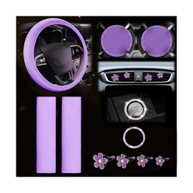 Zpana Car Accessories Set, 10PCS Vehicle Kit with Steering Wheel Cover Seatbelt Pad Cup Holder Mat Start Button Ring Sticker Flower Air Vent Clip, Universal Automotive Interior Ornament (Purple)