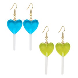 Dreuyet 2 Pairs Heart Lollipop Earrings for Women Cute Glitter Candy Dangle Earrings Resin Heart Lollipop Earrings Sweet Transparent Heart Candy Lollipop Earrings Valentines Day Gift Earrings (2 Pairs Red)