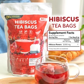 Indochine Blends Hibiscus Tea Bags | 100% Pure Hibiscus Flower | Sugar-Free, Caffeine-Free Herbal Tea | Double Chamber, Individually Wrapped Bags| Rich in Natural Goodness and Flavor | 3.5 oz | 50 Tea Bags