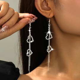 Navirix Sparkly Heart Rhinestone Earrings for Women Dainty Love Tassel Silver Earrings Dangle Long Bridal Earring Charm Heart Jewelry Valentine's Day Gift (Silver)