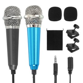 MECCANIXITY 2Pcs Mini Microphone, Mic Tiny Microphone with Sponge Cover, Holder and Drawstring Bag Portable for Karaoke Voice Video Recording Singing (Black/Blue)
