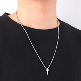 Fiusem Silver Tone Cross Necklace for Men, Mens Cross Necklaces with 2.5mm Cross Chain and Stainless Steel Cross Pendant tiny, Box Chain 20 Inch