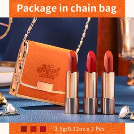 3 Colors Matte Lipstick Set Lip Stick with Red Chain Bag Package Velvet Lip stick Set Waterproof Non-Stick Cup Long Lasting Retractable Red Lipstick Set 3.5gx3 Pcs