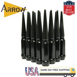 ARROW 32x 6" Extra Tall Black 1/2-20 Spike Lug Nuts and Key Fit Ford & Dodge
