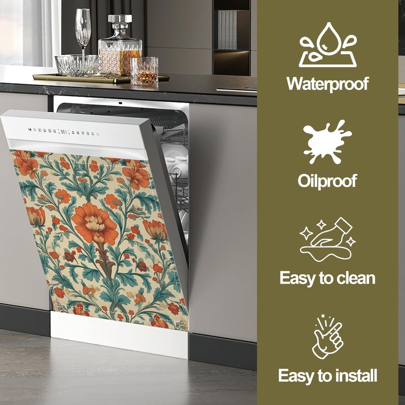 Magnetic Dishwasher Cover,Boho Ethnic Flower Reusable Dishwasher Magnetic Cover Decorative