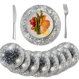 Disco Placemats Set of 24,Disco Ball Round Placemats Glitter Sequin Disposable Placemat for 50s 70s 80s 90s Birthday Wedding Party Table Decorations Silver Decorative Place Mats