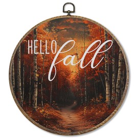 FUGWN Fall Forest Landscape Round Wall Art Decor Framed, Rustic Fall Canvas Artwork Prints, Farmhouse Country Autumn Wall Hanging Decorations for Home Bedroom Living Room, 10x10 Inch