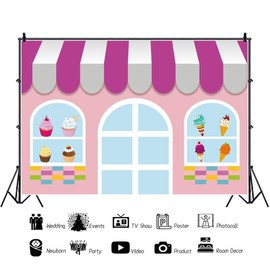 OERJU 6x4ft Ice Cream Parlor Backdrop Summer Pink Dessert Shop Door Window Girl Baby Shower Birthday Photography Background Party Sweets Table Decoration Banner Photo Studio Booth Props