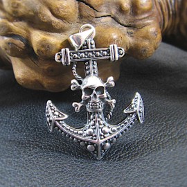 Renegade Jewelry Solid 925 Sterling Silver Ship's Anchor Skull and Crossbones Nautical Pendant