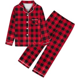 Umeyda Satin Pajamas Sets for Girls, 2 Pcs Sleepwear Silk Button-Down Pj Set Loungewear, Christmas Red Black Plaid, 5-6 Years = Tag 130