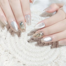 Press on Nails Coffin Short Fake Nails with Gold Glitter Rhinestones Desingn Cat's Eye Glue on Nails Acrylic Transparent False Nails Short Nails Press ons Artificial Stick on Nails for Women 30Pcs